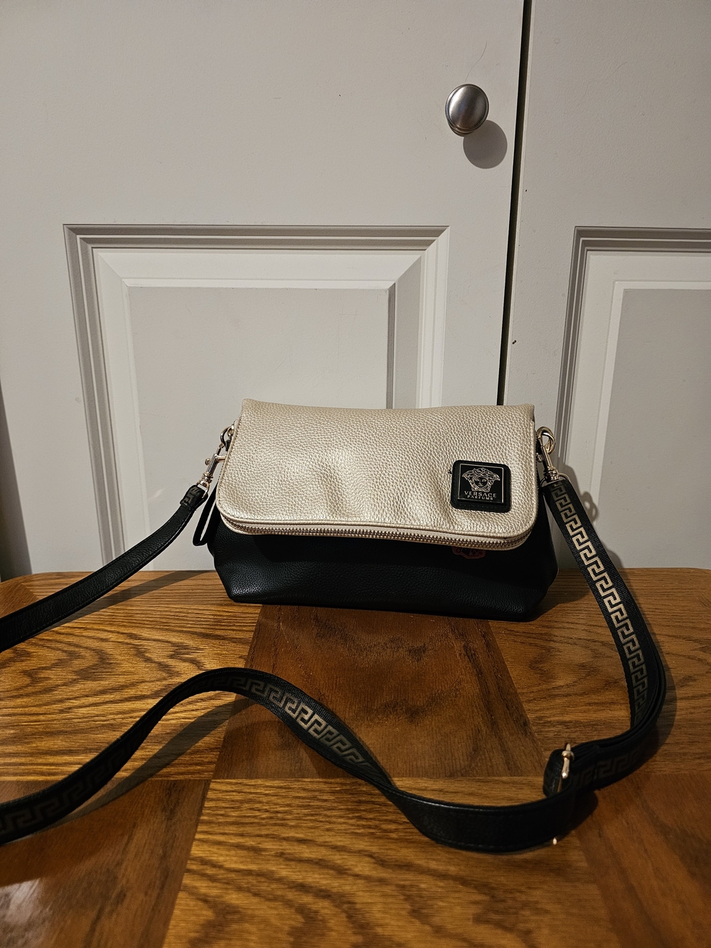 Versace Parfums Two-Tone Black and Cream Crossbody Bag